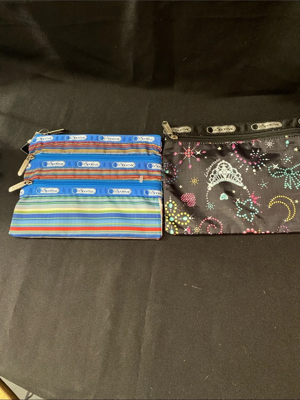 LeSportsac Blue Striped and Black Star & Tiara Printed Triple Pouch Duo